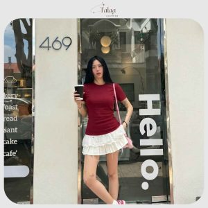Áo thun nữ Talaa AT003 phối ren màu trắng đỏ đen, chất thun zip co giãn 4 chiều mềm mịn, form ôm nữ tính phong cách tiểu thư Hàn Quốc.