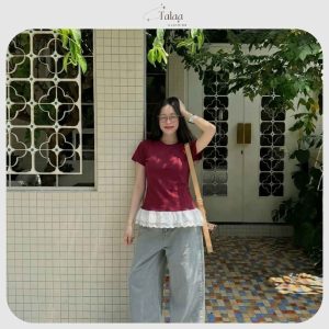 Áo thun nữ Talaa AT003 phối ren màu trắng đỏ đen, chất thun zip co giãn 4 chiều mềm mịn, form ôm nữ tính phong cách tiểu thư Hàn Quốc.