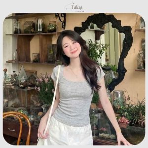 Áo thun nữ cổ U Talaa AT004 chất thun zip co giãn 4 chiều, form ôm tôn dáng phong cách Hàn Quốc